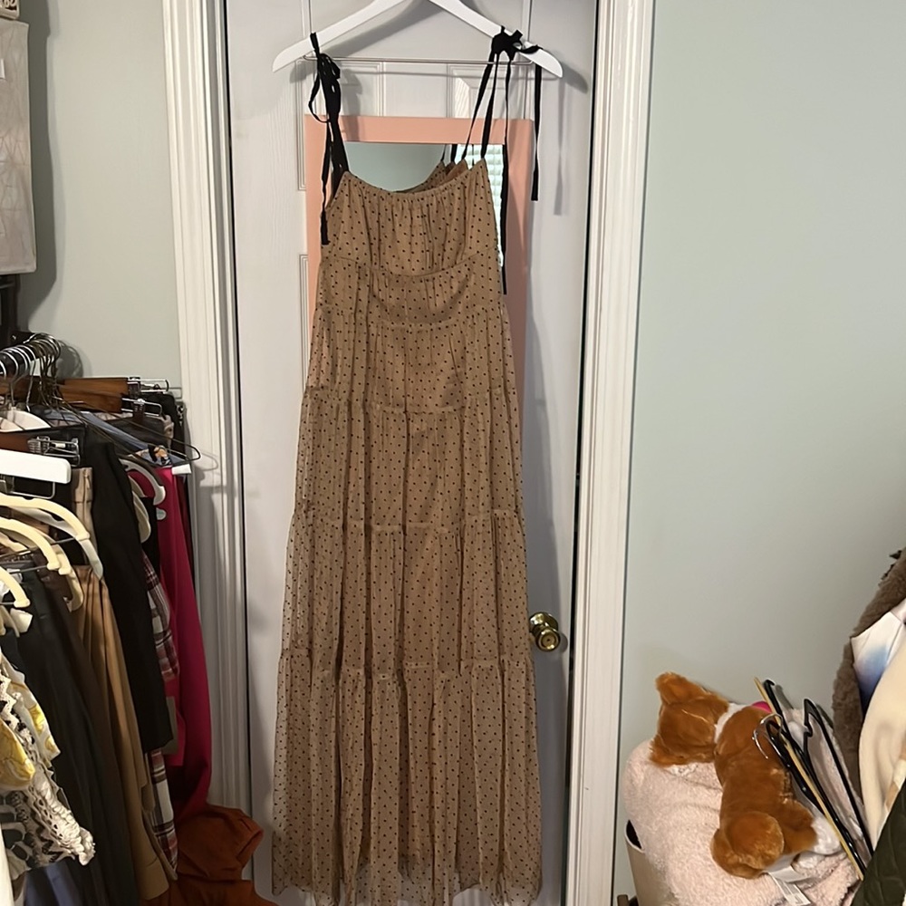 Staud Floor Length Tan and Black Polka Dot Tulle Dress